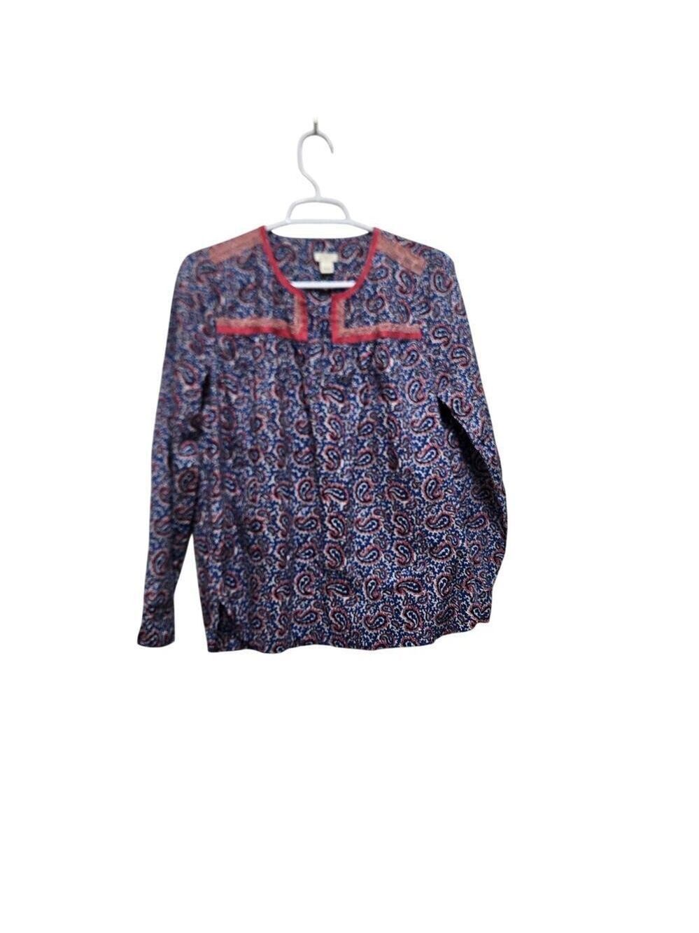 J.Crew Paisley Blouse Small Cotton Popover Lace Trim Boho